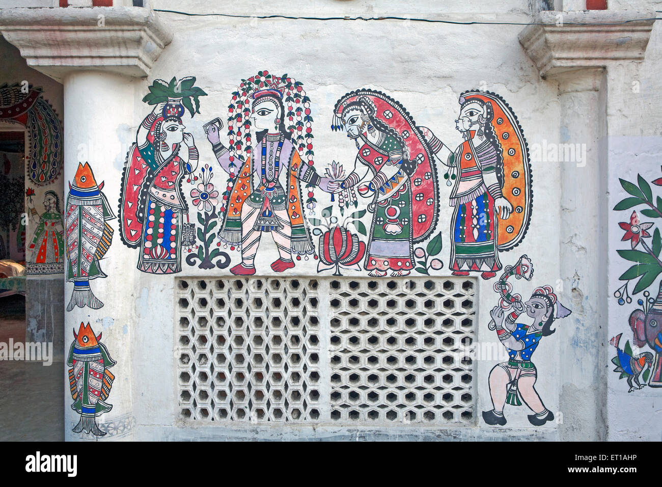 Peinture murale, peinture Madhubani, peinture Mithila, Madhubani, Darbhanga,Bihar, Inde, Asie Banque D'Images