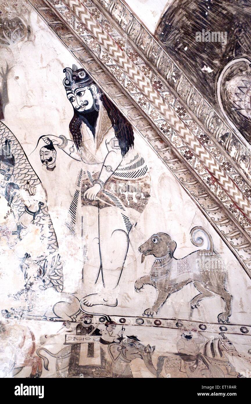 Peintures murales peinture murale shiva avec chien à Lakshminarayan temple Orchha ; ; ; ; Tikamgarh Madhya Pradesh Inde Banque D'Images