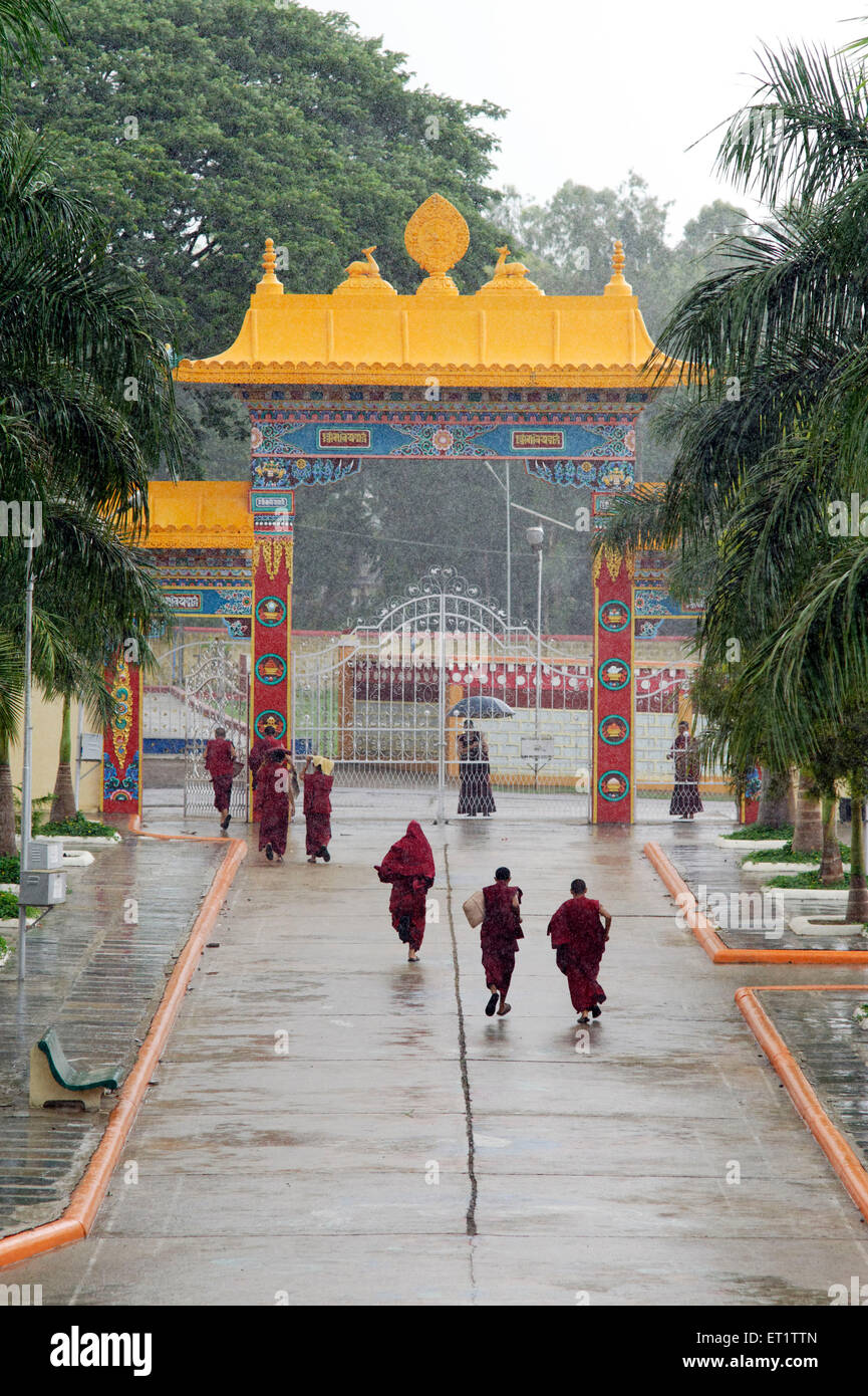 Le moine bouddhiste d'échapper à la pluie à Mundgod au Karnataka Inde Asie Banque D'Images