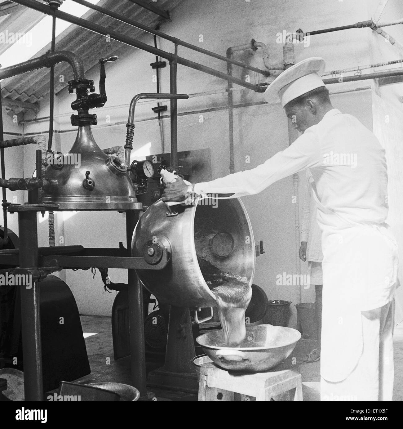 Année 1955 ; les personnes qui travaillent dans l'usine de traitement sur le sucre ; cannes ; ; ; district de Mandya Mandya Inde Karnataka ; Banque D'Images