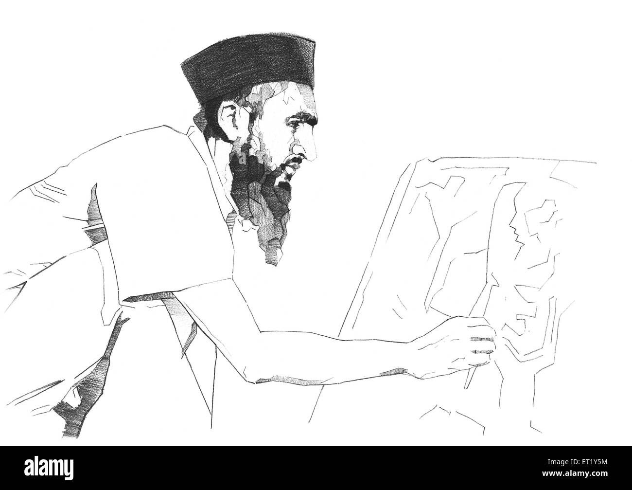 Dessin de m f Hussain faisant croquis Inde Asie Maqbool indien Fida Husain peintre Banque D'Images