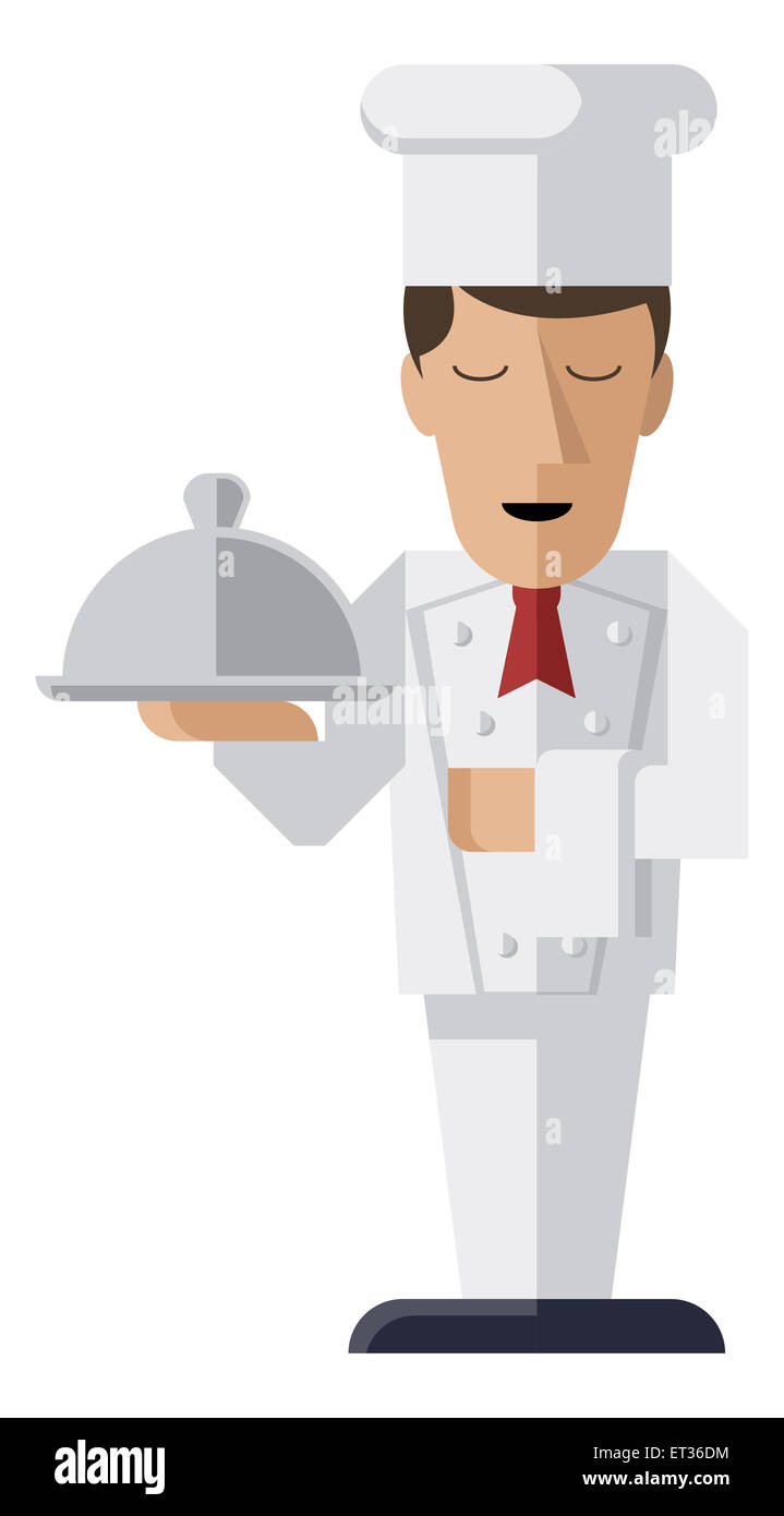 Une illustration d'un personnage stylisé chef tenant une assiette ou argent cloche Banque D'Images