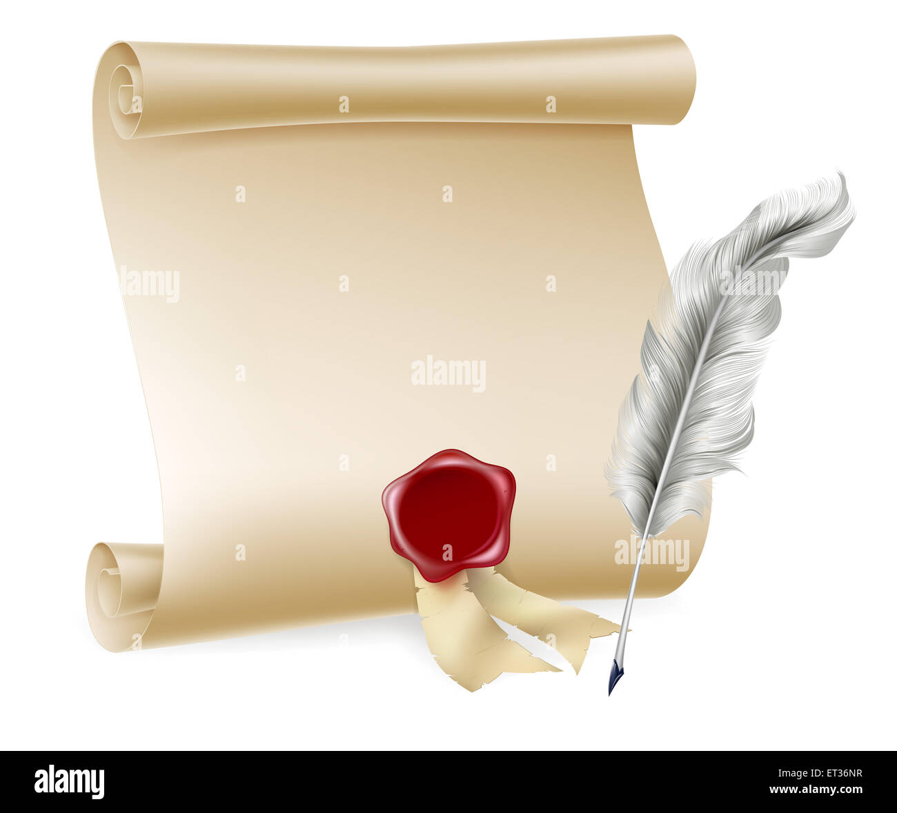 Plume et plume et papier parchemin avec sceau rouge Banque D'Images
