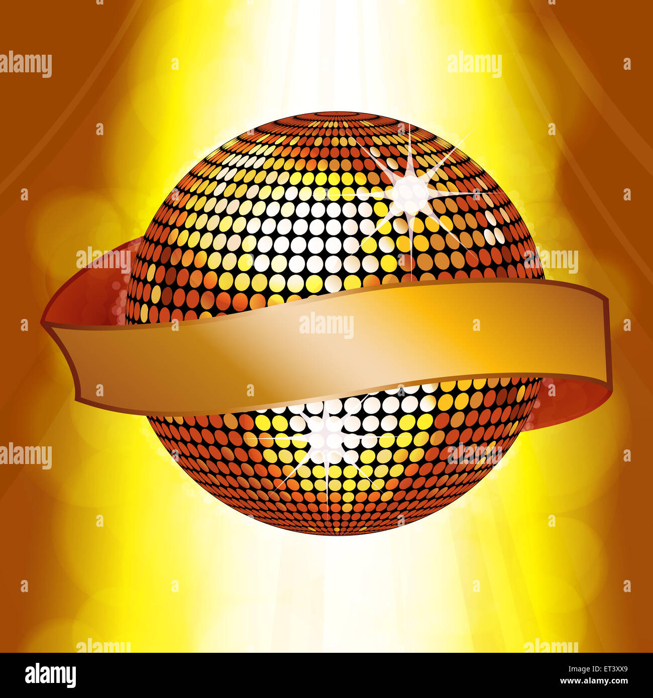 Boule disco avec bannière sur un arrière-plan lumineux Banque D'Images
