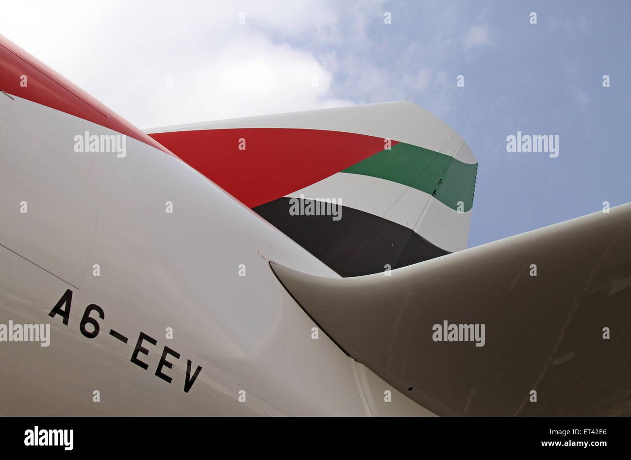 Schönefeld, Allemagne, à l'arrière d'un Airbus A380-800 de la compagnie aérienne Emirates Banque D'Images