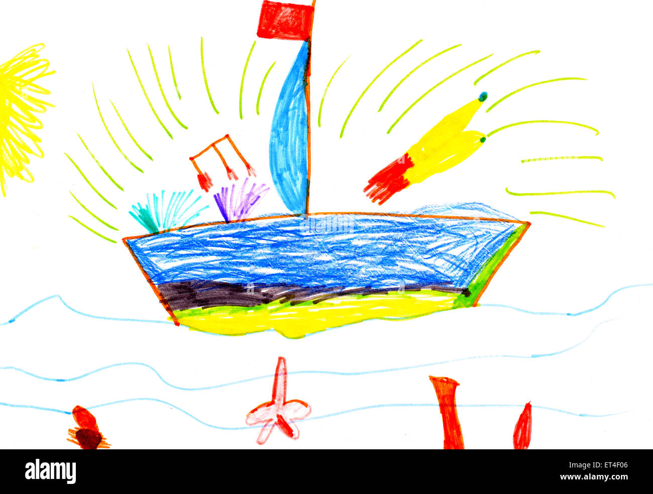 Dessin de l'enfant et la mer du navire. Banque D'Images