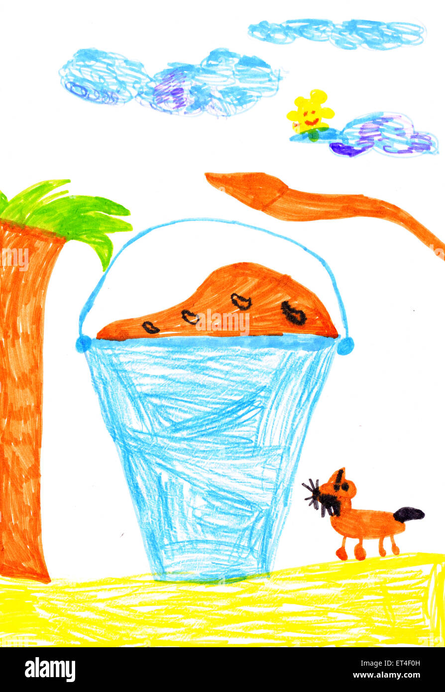Seau de nourriture pour chiens. dessin d'enfant sur papier Banque D'Images