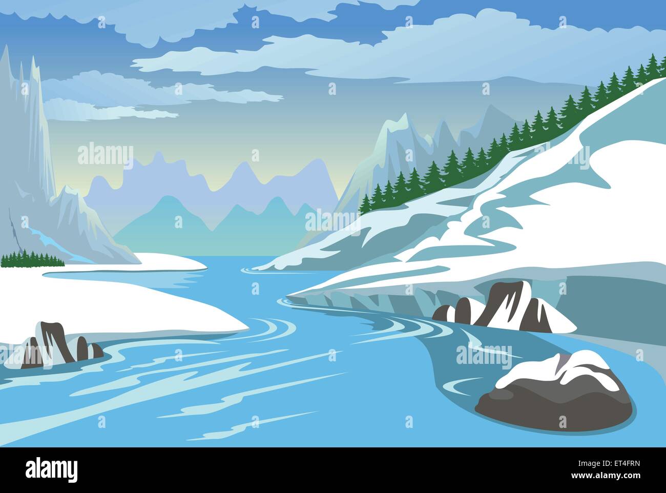 Montagnes et la rivière en hiver Illustration de Vecteur