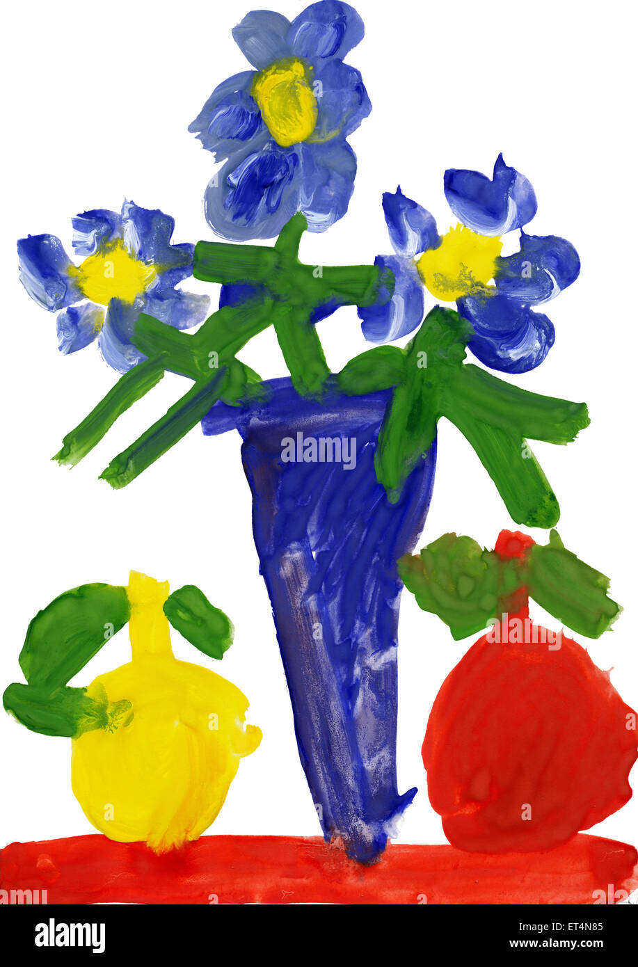 Dessin d'enfant à l'aquarelle. Vase avec fleurs et pommes Banque D'Images