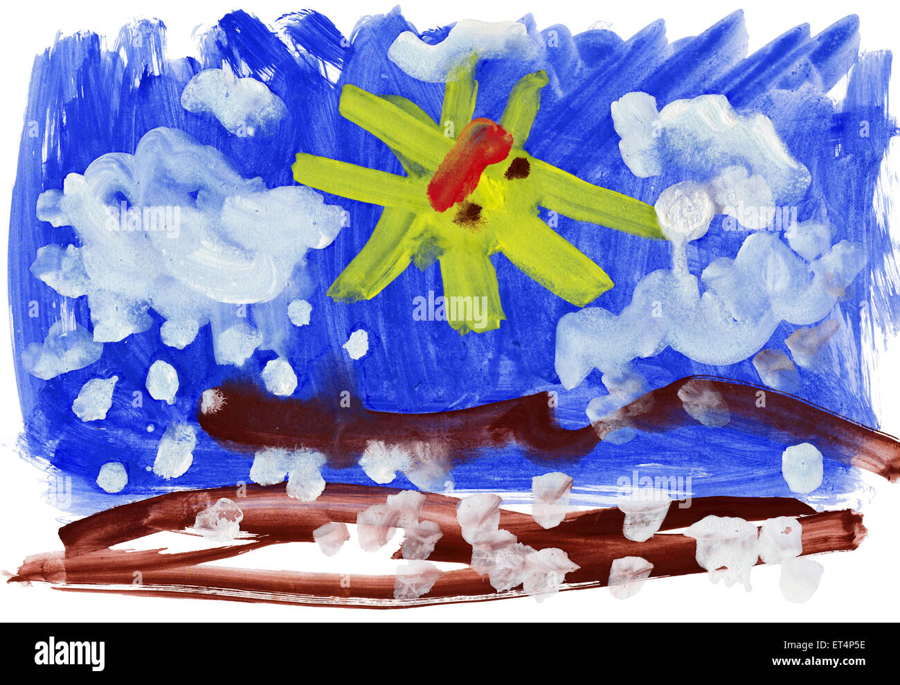 Dessin d'enfant à l'aquarelle. Paysage avec neige et soleil Banque D'Images