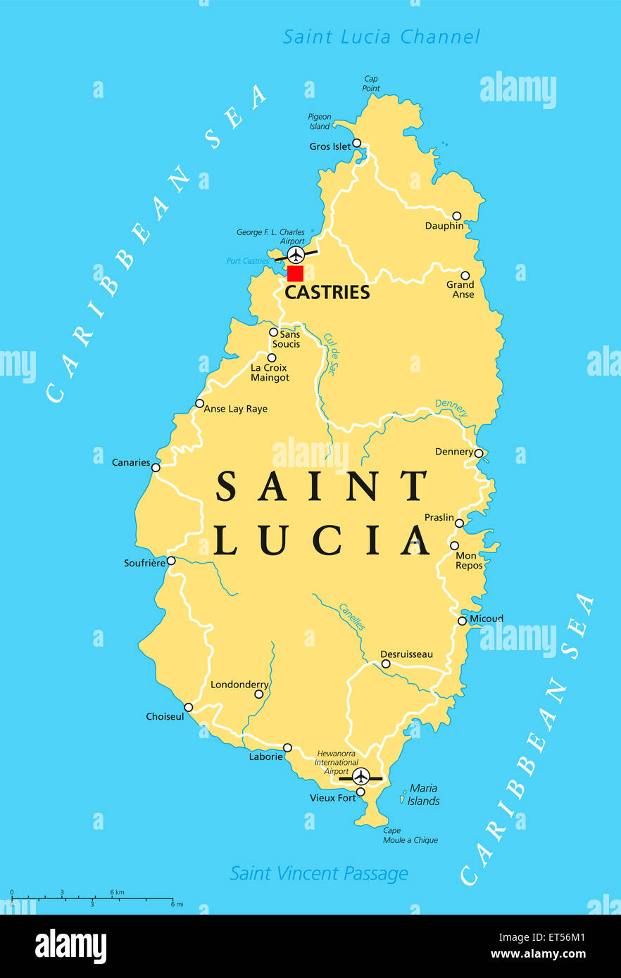 Saintelucie Carte politique avec capitale de Castries et les lieux