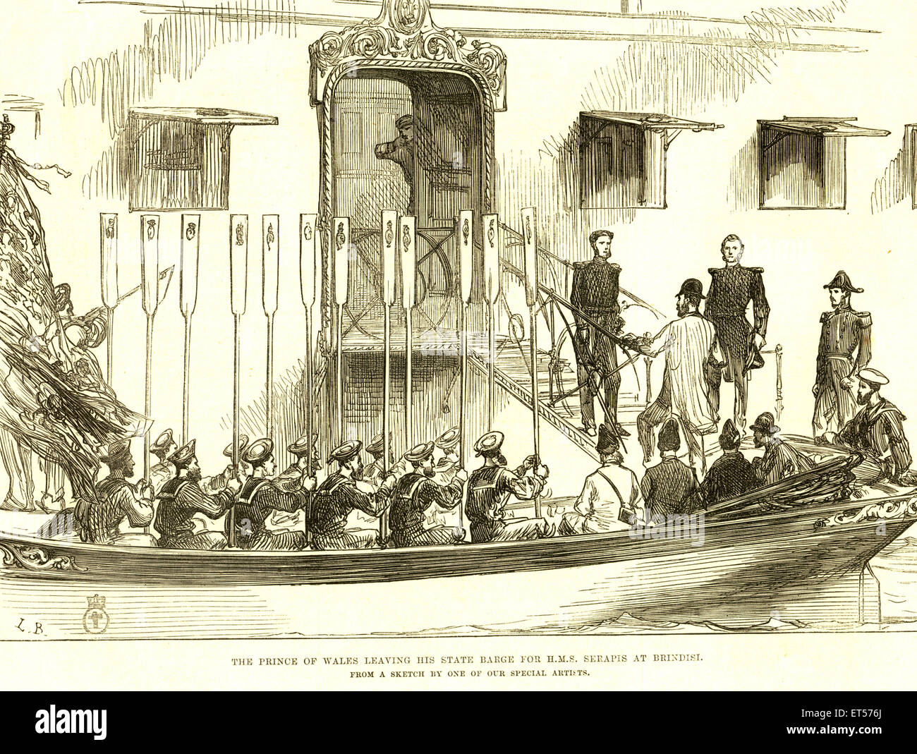 Le Prince de Galles de quitter son état Brage pour HMS Sérapis à Brindisi ; Italie Banque D'Images