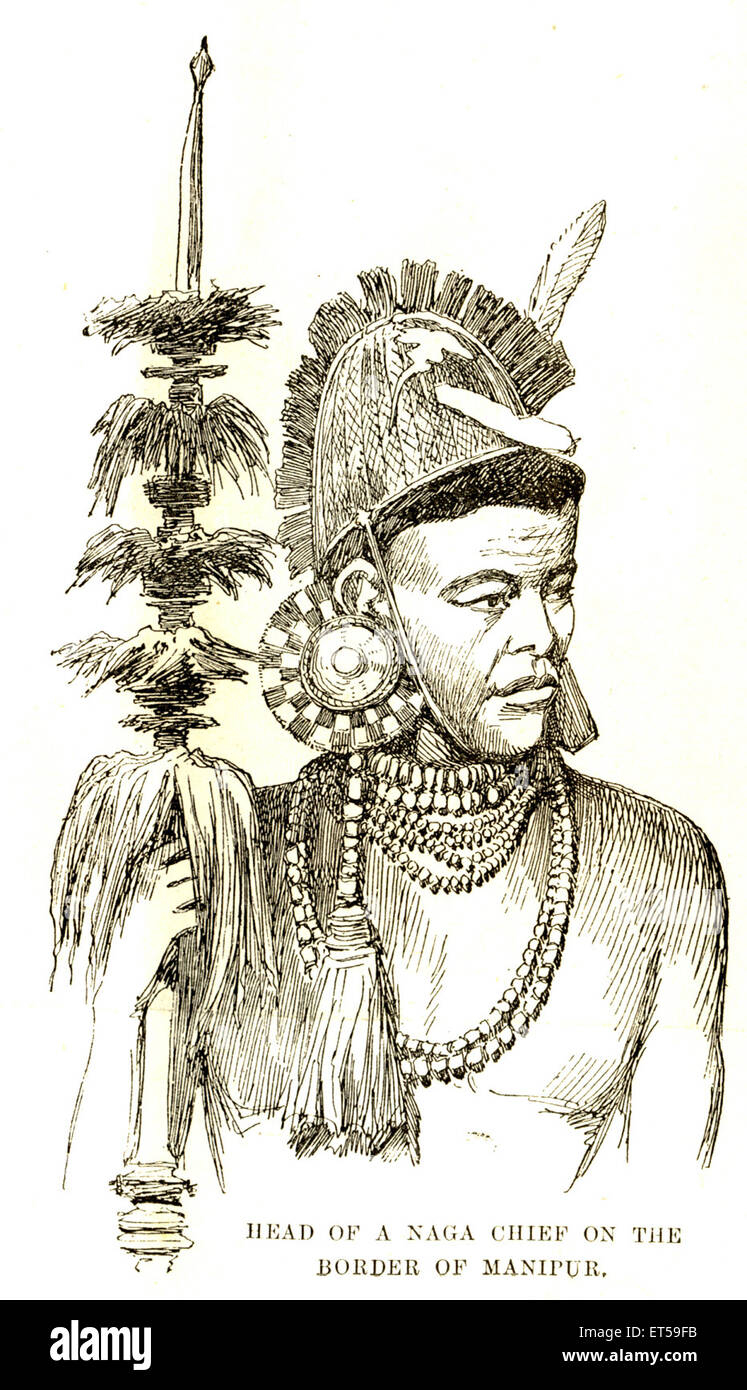 Portraits lithographiques ; chef d'un chef de Naga à la frontière du Manipur ; 11 avril 1891 ; Inde Banque D'Images