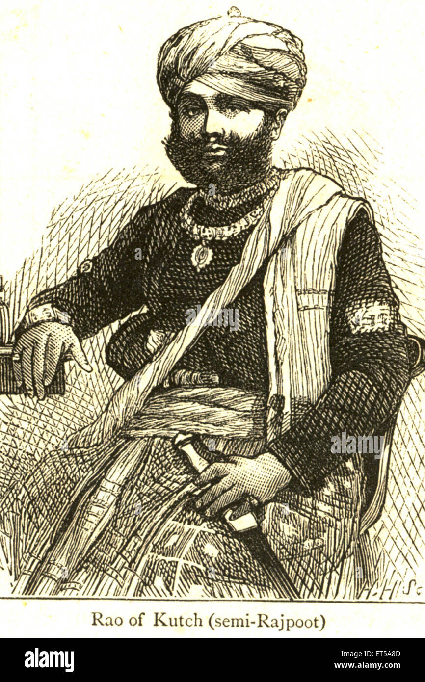 Rao de Kutch, semi Rajpoots ou Rajput, Cutch, Kutch, Kachchh, Gujarat,Inde, ancienne gravure du XIXe siècle Banque D'Images