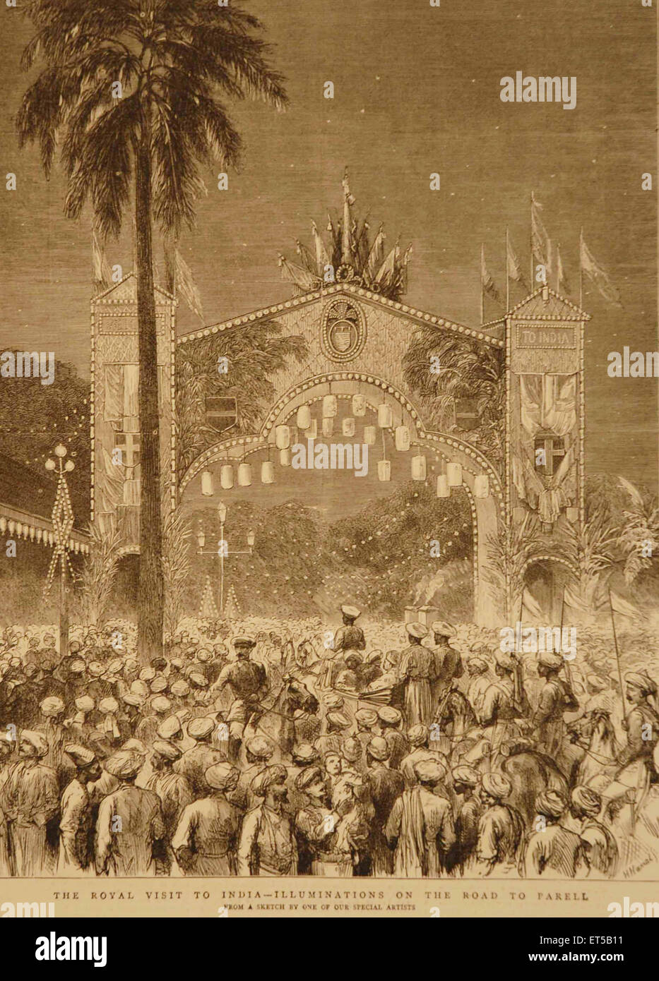 Royal Tour, Prince de Galles, illuminations sur la route, Parel, Bombay, Mumbai, Maharashtra, Inde ; gravure ancienne du XIXe siècle Banque D'Images