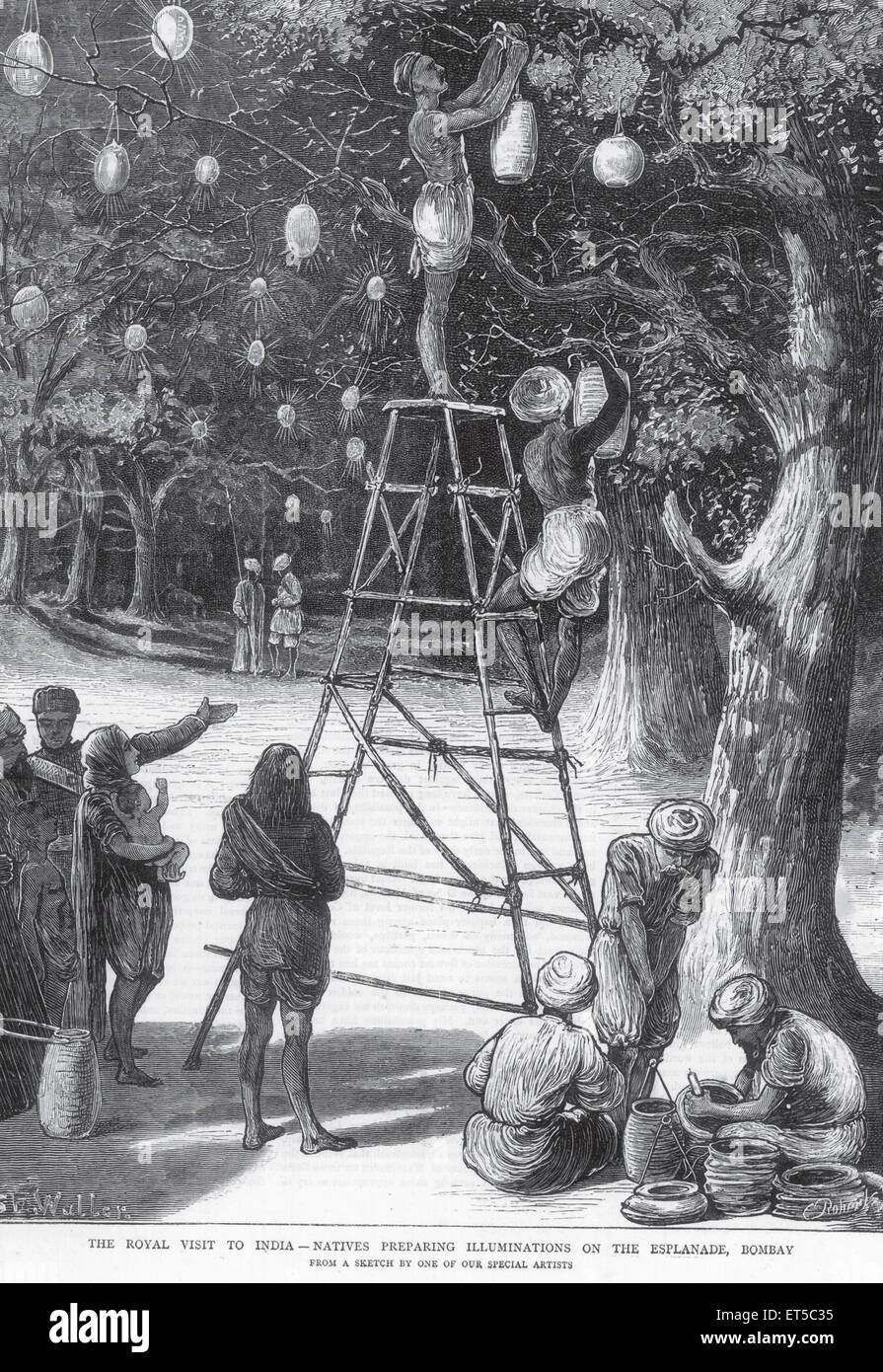 Redevance sur Tour, hommes pendent des lanternes en papier sur les arbres, Esplanade ; Bombay ; Mumbai ; Maharashtra ; Inde ; ancienne gravure du XIXe siècle Banque D'Images
