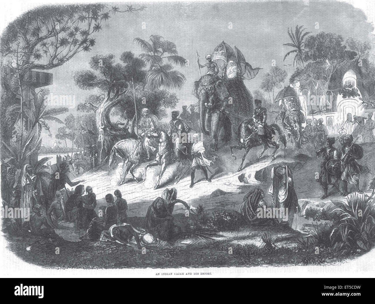 Roi indien Raja Maharaja sur éléphant avec les chevaux escorte ; Inde ; ancienne gravure datant du XIXe siècle Banque D'Images