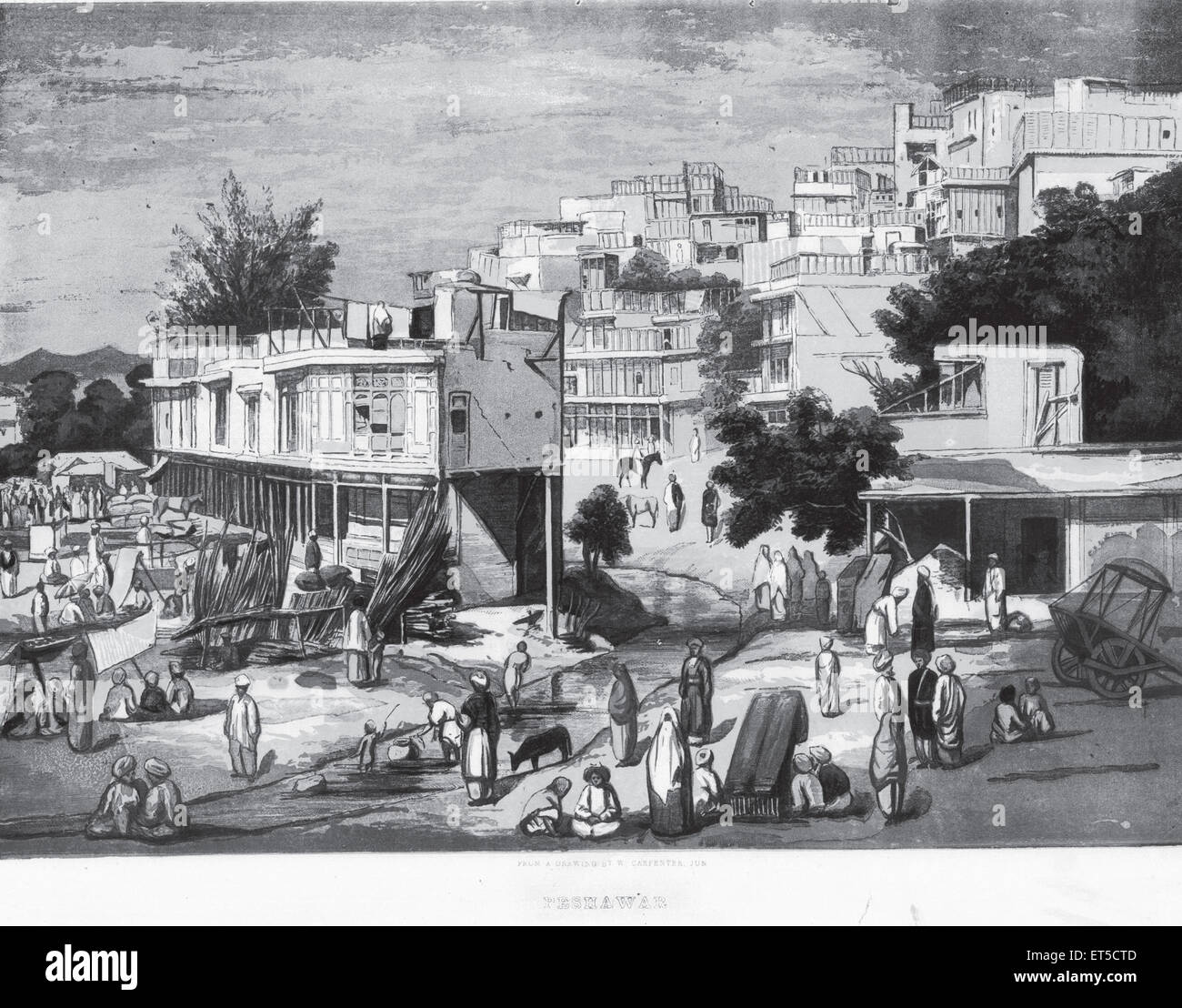 Rue ; Peshawar ; Khyber Pakhtunkhwa ; Pakistan ; ancienne gravure datant du XIXe siècle Banque D'Images