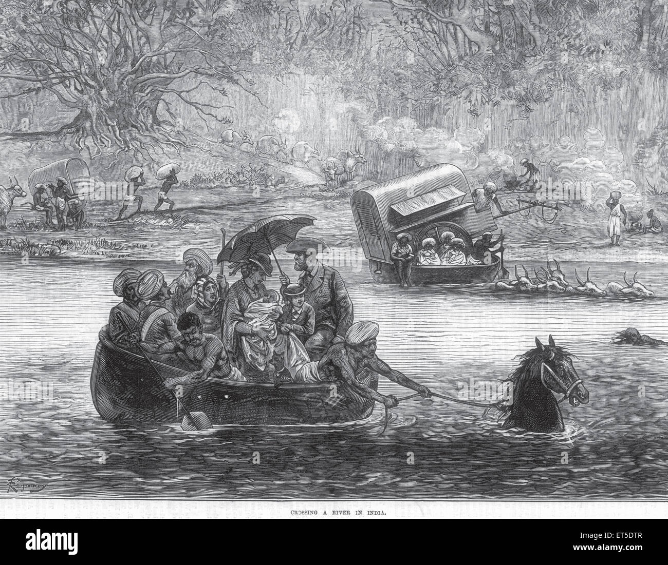 Famille britannique traversant la rivière en bateau tiré par cheval, Inde, Asie, asiatique, Indien, ancienne gravure du xixe siècle Banque D'Images