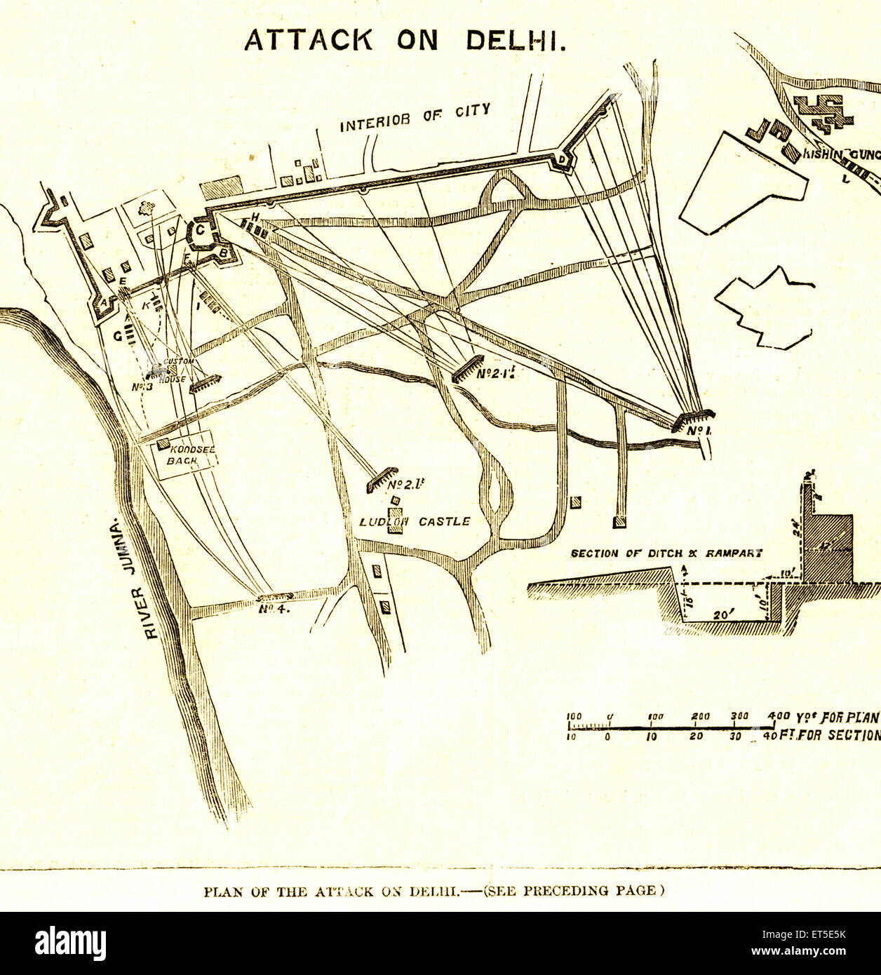 La communauté militaire et vues de la mutinerie plan d'attaque sur la carte ; Inde New Delhi Banque D'Images