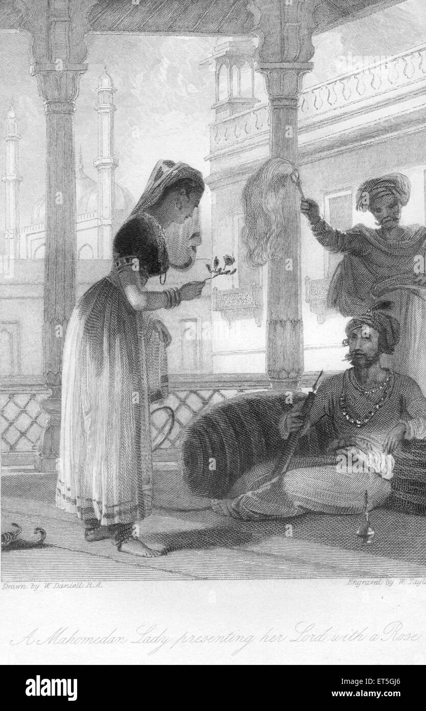 Mahomedan Dame présentant son Seigneur d'une Rose ; Inde Banque D'Images