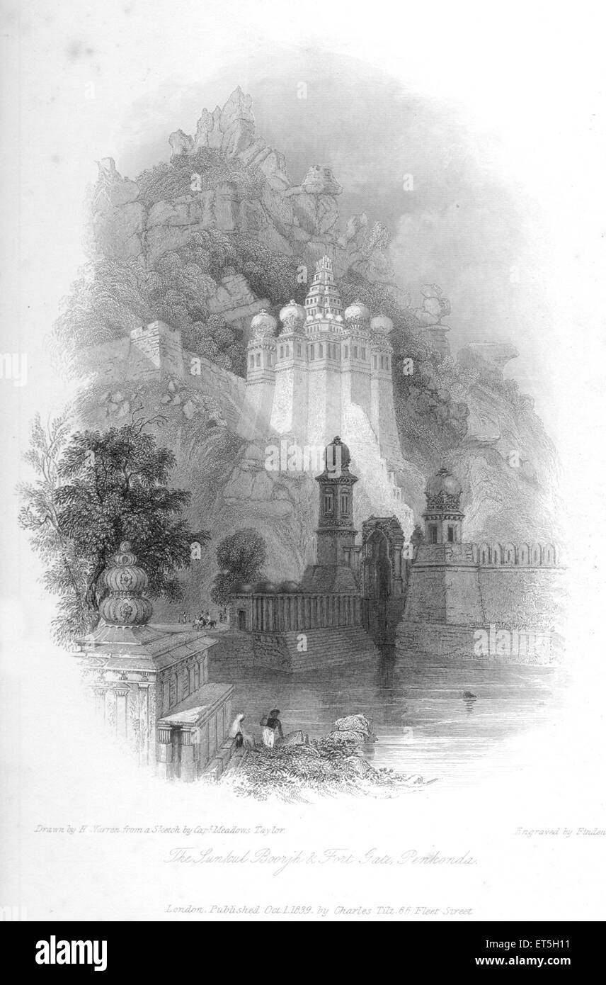Fort gate, Penukonda, Inde, Asie, Asie, Gravure en acier de style indien, ancien millésime des années 1800 Banque D'Images