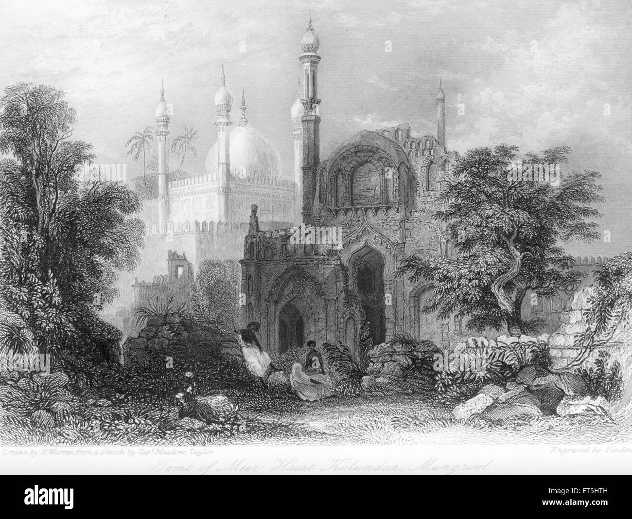 Tombe de Meer Haiat, minars, minarets, Mir Haji, Kalundur, Mungrool, Mangalore, Mangoll ; Inde, Asie, Gravure en acier de style asiatique, indien, ancien datant du XIXe siècle Banque D'Images