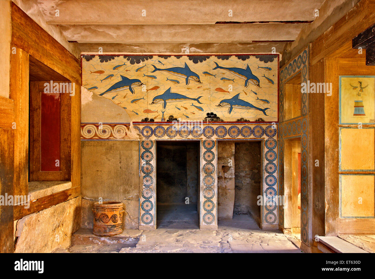 La fresque des dauphins de l'imprimeur de la Pine au palais minoen de Knossos, Héraklion, Crète, Grèce Banque D'Images