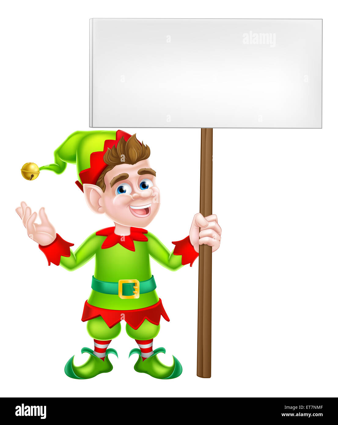 Une illustration d'un dessin animé mignon heureux Lutin de Noël ou l'un de Santa s Noël avec un panneau helpers Banque D'Images