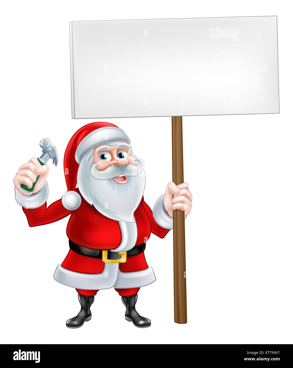 Un dessin animé de noël santa claus holding sign et outil marteau Banque D'Images