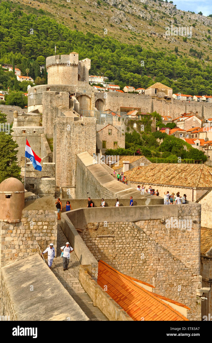 Les touristes à pied des remparts de la vieille ville de Dubrovnik à à pile, la ville de Dubrovnik, Croatie, Adriatique. Banque D'Images