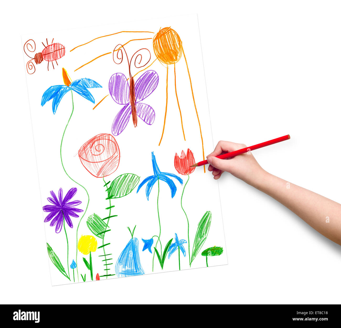 Paysage de printemps avec papillon et fleurs. enfant dessin. Banque D'Images