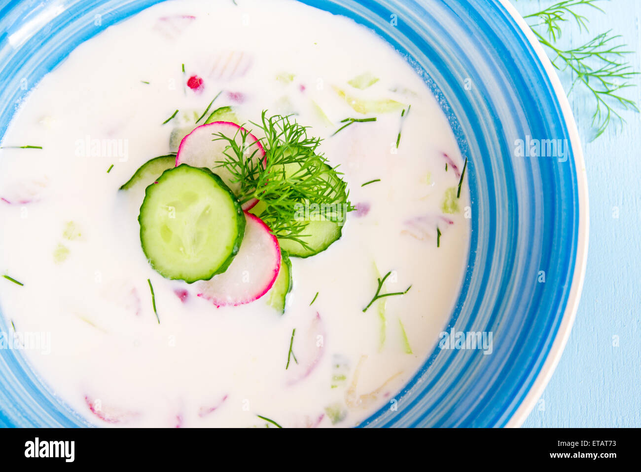 Soupe d'été froide avec du yaourt et légumes et herbes close up Banque D'Images