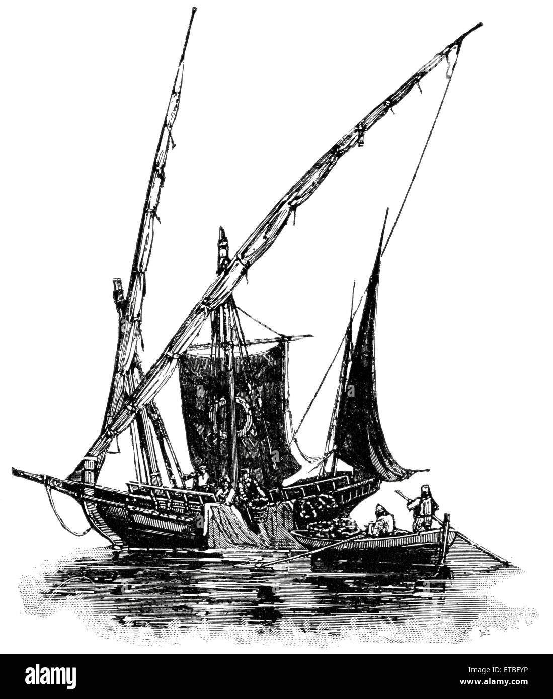 Navire à voile et plus petit bateau à rames, Golfe de Corinthe, près de Patras, Grèce, 'portefeuille classique de primitive, des transporteurs par Marshall M. Kirman, World Railway Publ. Co., Illustration, 1895 Banque D'Images