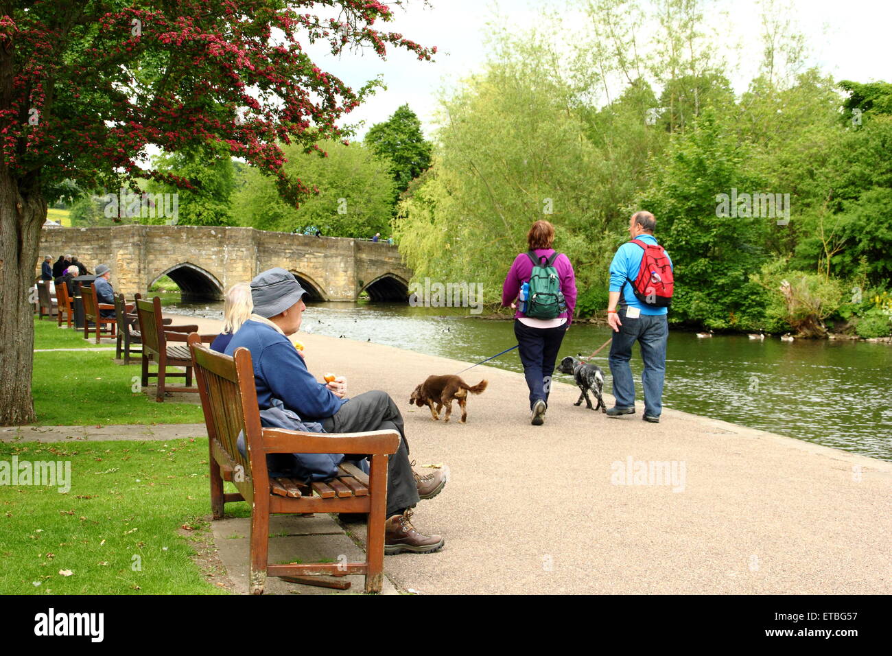Les gens vous détendre au bord de la rivière Wye de Bakewell, Derbyshire Peak District England UK - été Banque D'Images