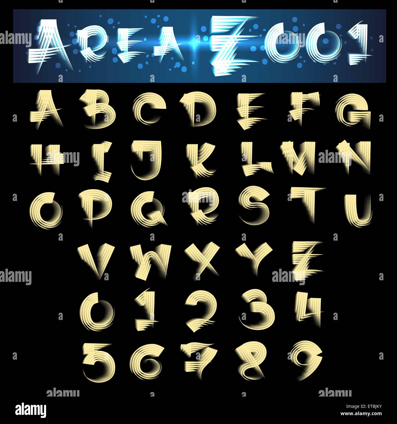 Dessiner à main unique alphabet. Les lettres de A à Z et les chiffres. Isolé sur fond noir. Illustration de Vecteur