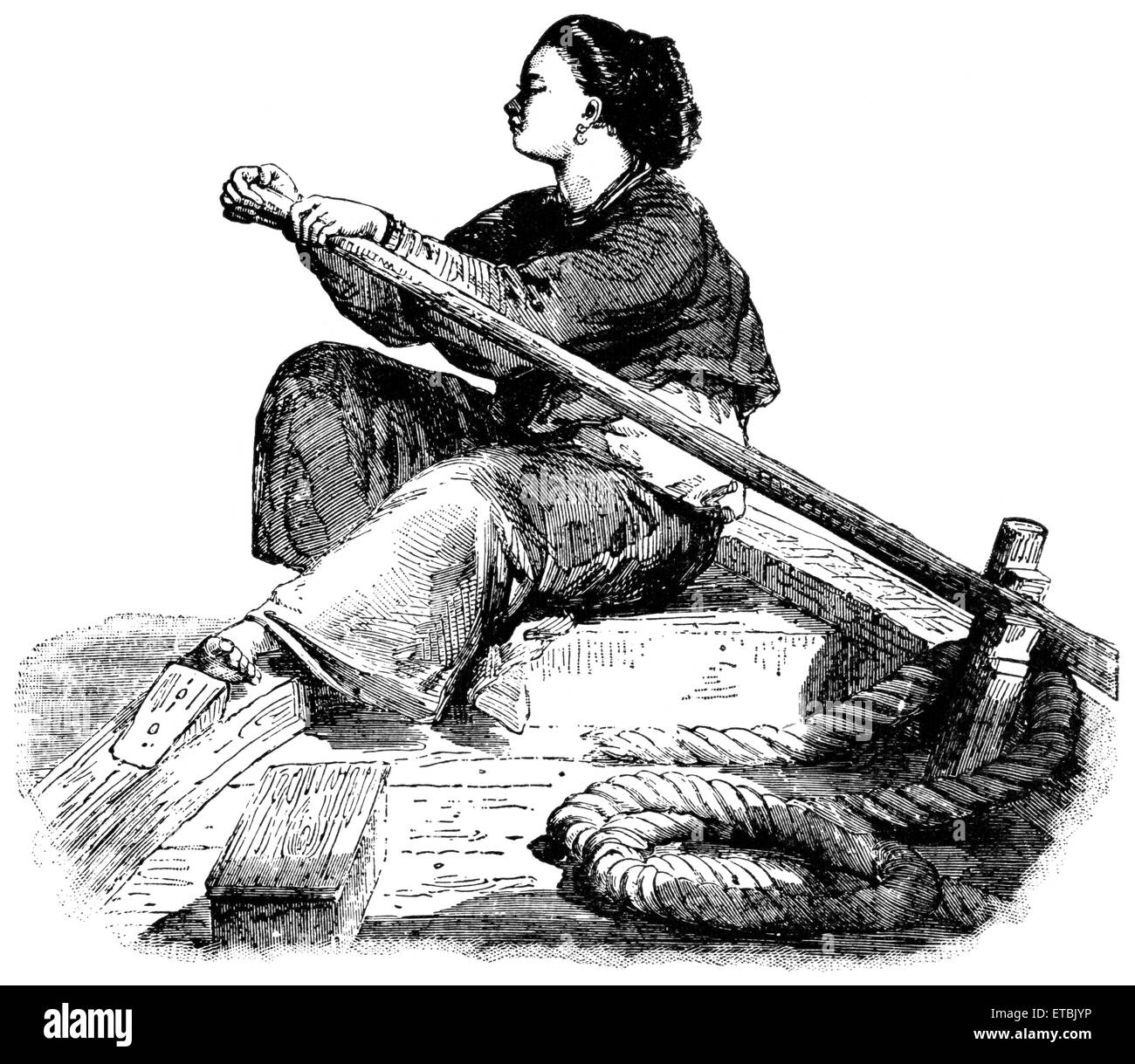 Un Sampan fille assise sur le côté de l'arc dans le bateau pendant l'aviron sur la rivière de Canton, Chine, 'portefeuille classique de transporteurs Primitive', par Marshall M. Kirman, World Railway Publ. Co., Illustration, 1895 Banque D'Images
