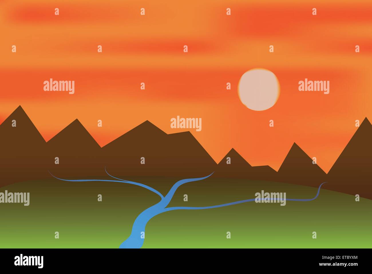 Vector illustration of sunset paysage avec des montagnes et des rivières. Illustration de Vecteur