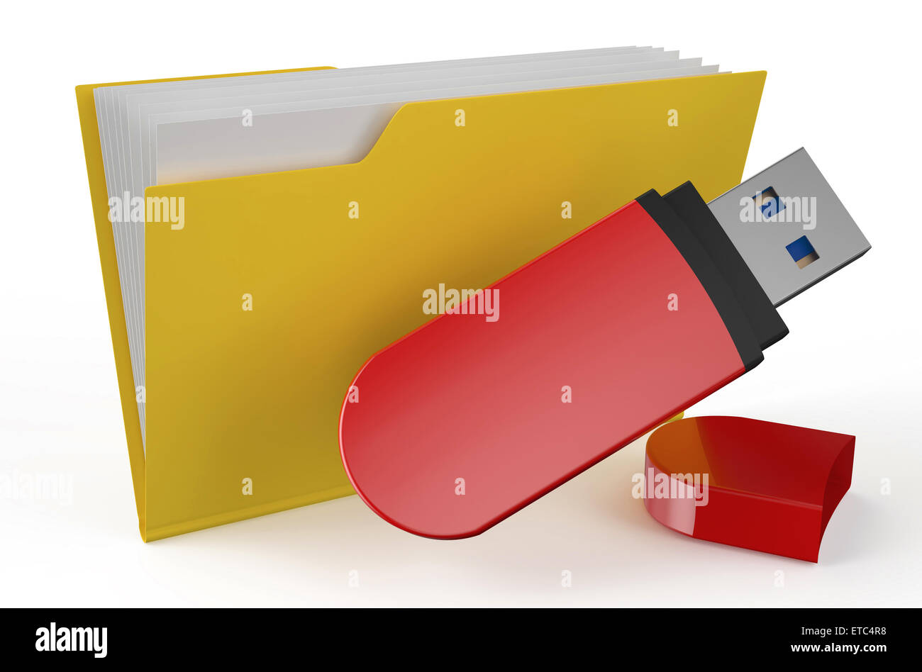 Icône de dossier avec un lecteur flash USB isolé sur fond blanc Banque D'Images