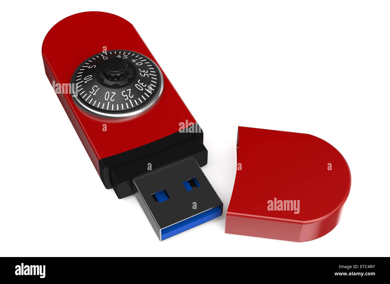 Lecteur flash rouge avec une serrure à combinaison isolé sur fond blanc Banque D'Images