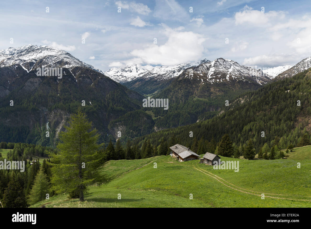 Maison sur un fond de montagnes paysage alpin Banque D'Images