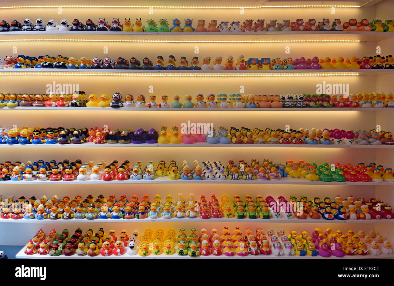 Un écran de petits canards en plastique pour la vente à la boutique de canard sur l'Oude Leliestraat à Amsterdam, Hollande. Banque D'Images