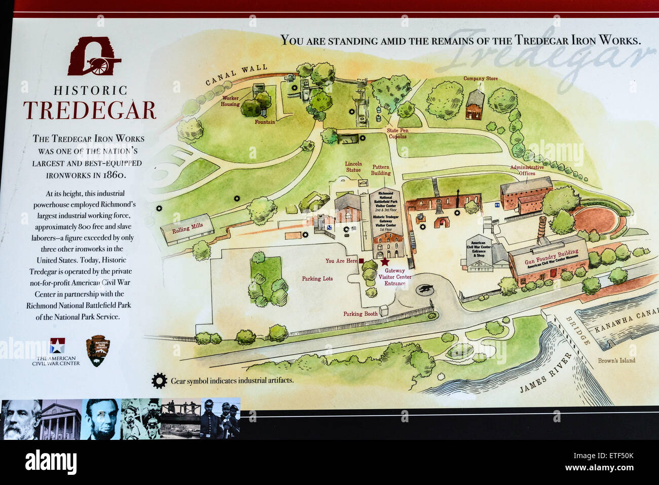 Panneau d'interprétation historique, Tredegar Iron Works, Richmond, Virginia Banque D'Images