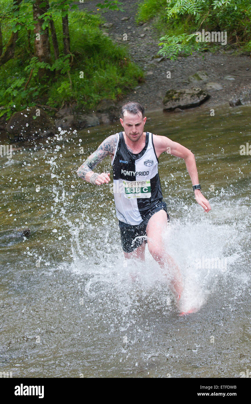 Llanwrtyd Wells, Royaume-Uni. 13 juin 2015. Porteur et chevaux en compétition dans les 37 km à cheval sur marathon Man V terrain gallois robuste. Gordon Green a conçu l'événement en 1980 à avoir entendu un débat pub si l'homme était égale à l'exécution de cross country à distance. Huw Lobb a été le premier homme à battre un cheval et a remporté le prix de 1 000 € par an l'escalade total de £25 000 en 2004. 2014 a vu la réintroduction de l'escalade des prix en argent et de l'introduction de synchronisation électronique. Credit : Graham M. Lawrence/Alamy Live News. Banque D'Images