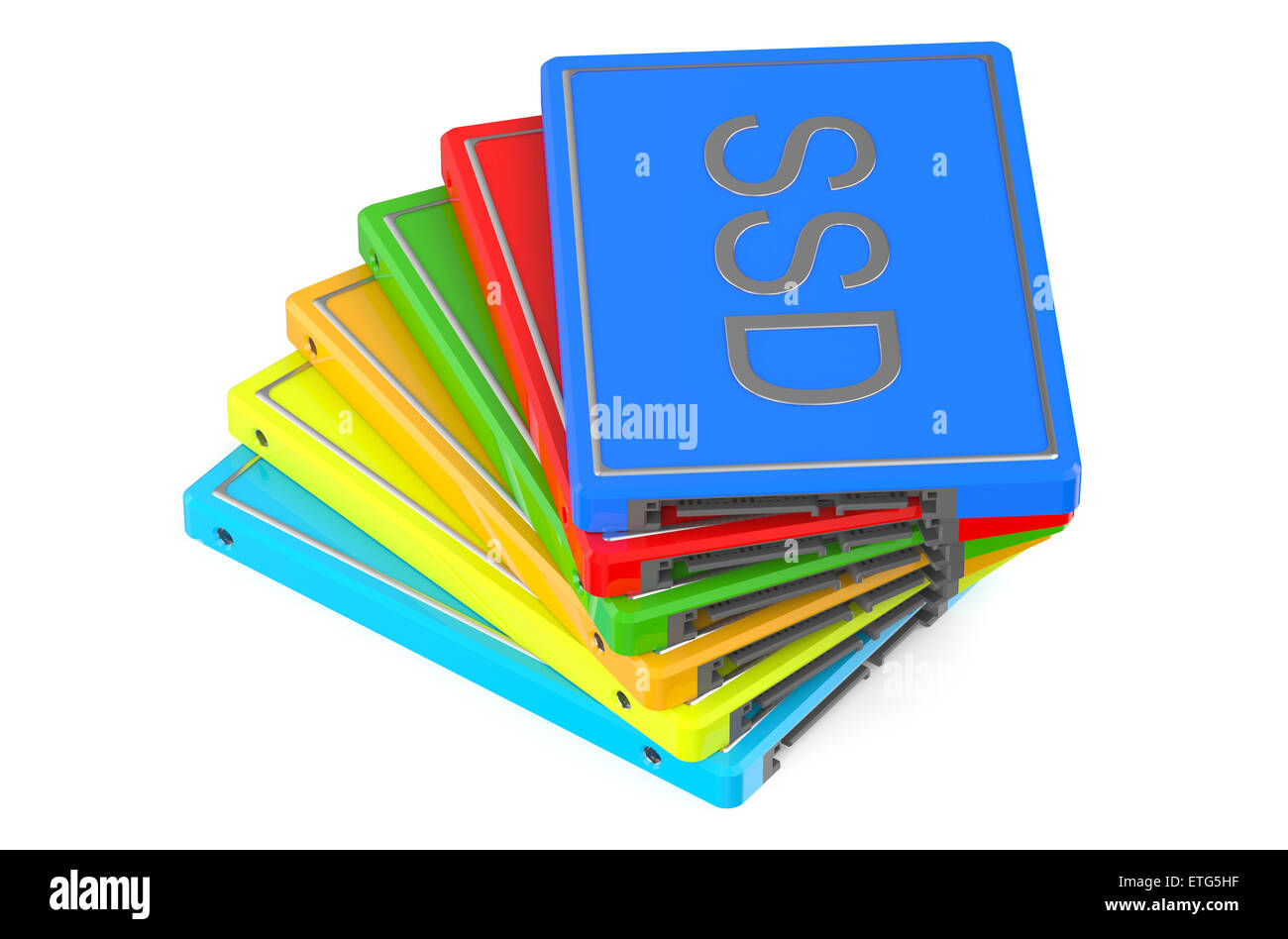 Série de SSD (Solid State Drive) multicolore isolé sur fond blanc Banque D'Images
