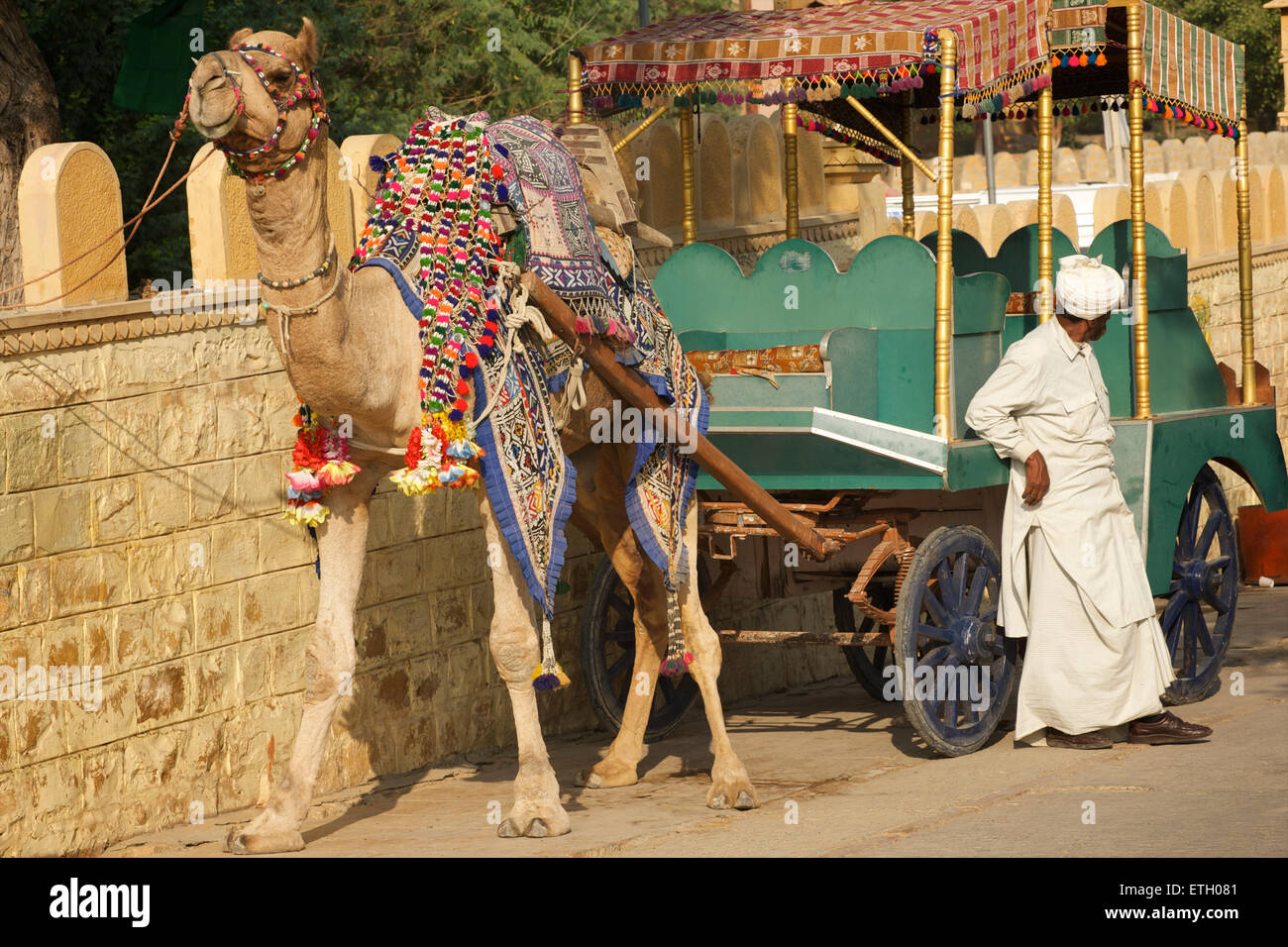 L'homme indien proposant des promenades en chariot de chameau, Gadi Sagar, Gadisar lake, Jaisalmer, Rajasthan, India Banque D'Images