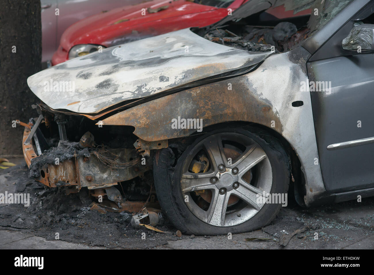 Côté d'une voiture brûlée dans un parc extérieur Banque D'Images