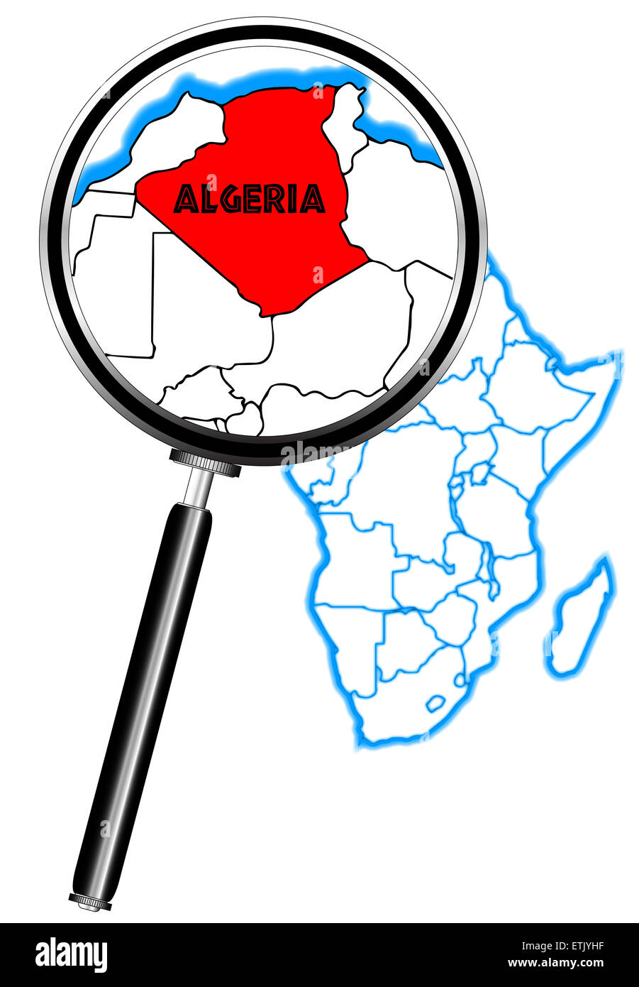 L'Algérie contours insérés dans une carte de l'Afrique sur un fond blanc vu à travers une loupe Banque D'Images
