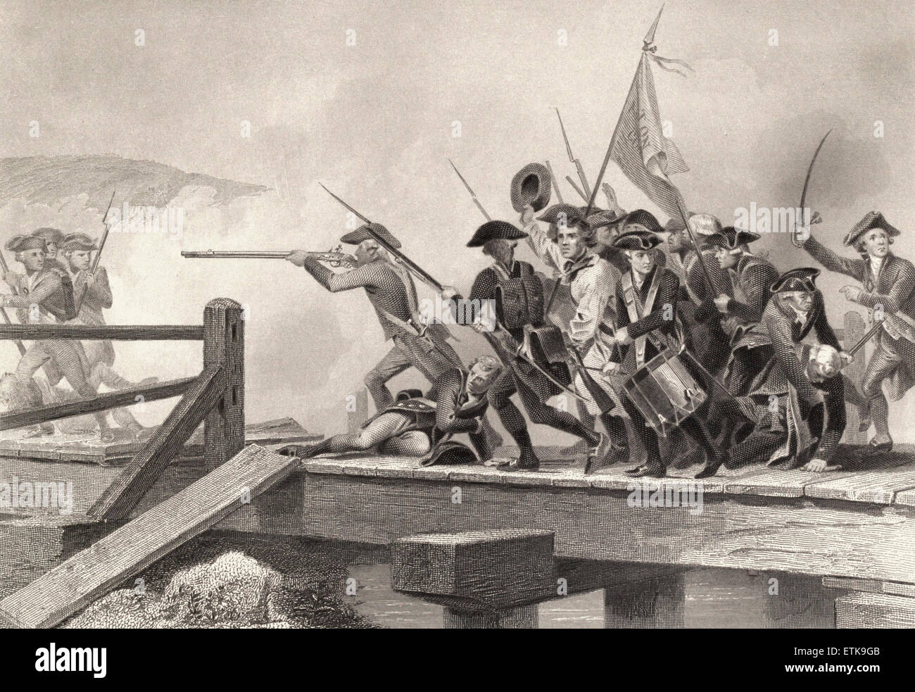 Lutte sur Concord Bridge, bataille de Concord, Révolution américaine Banque D'Images