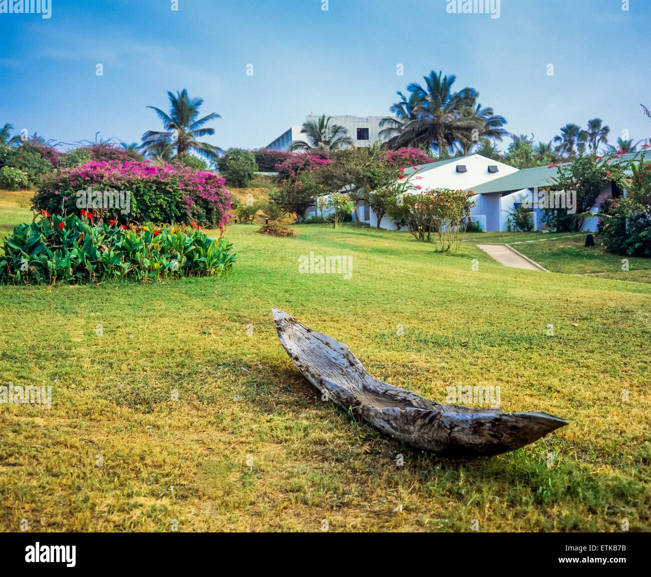 Ancienne pirogue dans jardin de l'hôtel Atlantic, Banjul, Gambie, Afrique de l'Ouest Banque D'Images